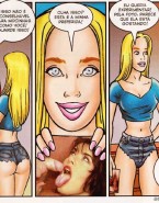 Blonde toon babe in jeans short gets mouthful of hot sperm after a sloppy blowjob